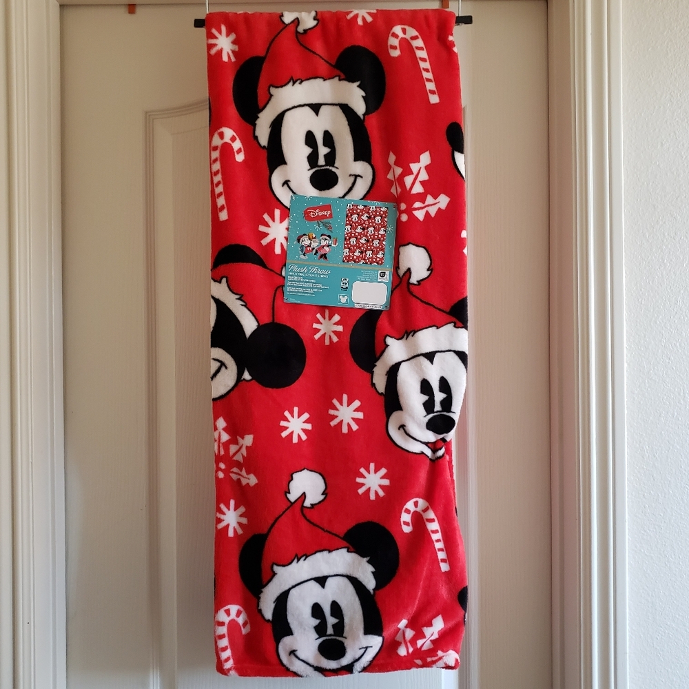 Disney Mickey Mouse Santa Candy Cane Red Christmas Plush Throw Blanket 50x70 NWT
